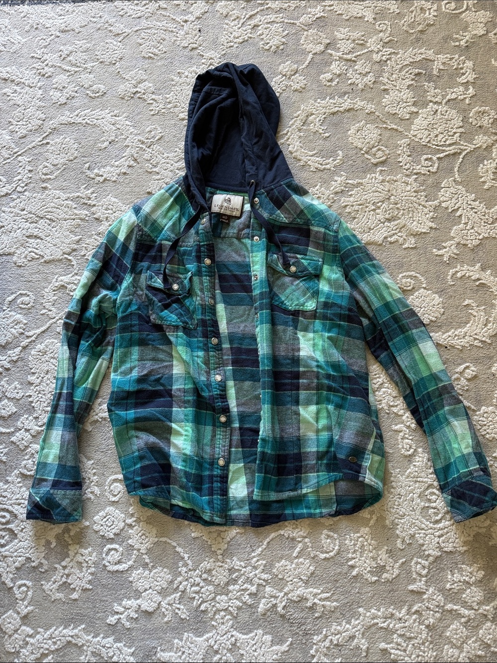 Legendary Whitetails Teal and Navy Plaid Button-Down Shirt with Hood